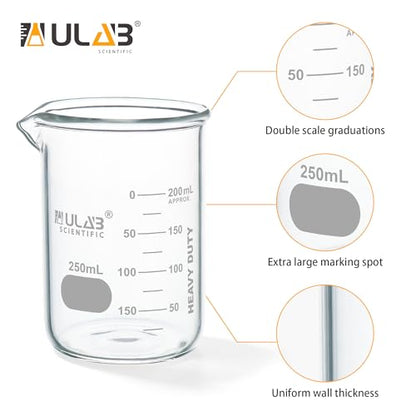 ULAB Scientific Glass Beaker Set, Vol. 250ml, 3.3 Borosilicate Griffin Low Form with Printed Graduation, Pack of 4, UBG1015 - style: Vol.250ml,Pack of 4