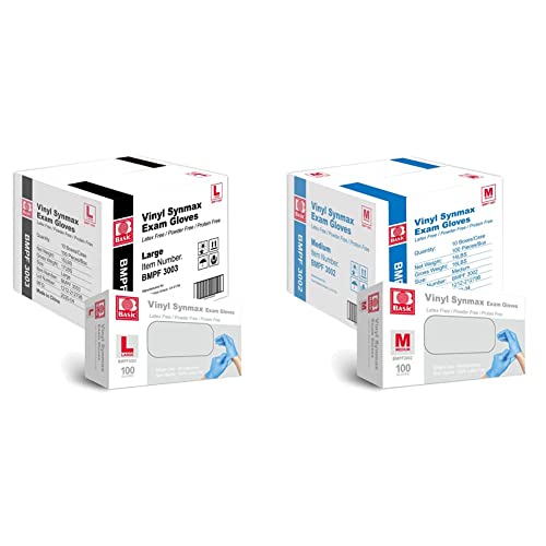 Basic Medical Synmax Vinyl Exam Gloves - Latex-Free & Powder-Free - Large (Case of 1,000) Blue and Medium (Case of 1,000) Blue