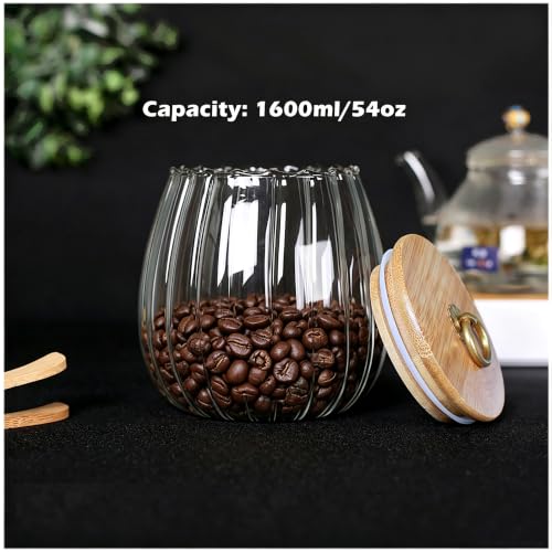 FANTESTICRYAN Glass Coffee Nuts Canister Airtight Storage Jar Petal Decorative Container with Bamboo Lid Metal Handle Easy to Grasp 1600ml, 54 FL OZ (Large Oval)