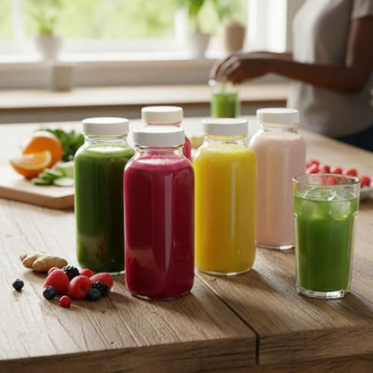 kitchentoolz 8oz Square Glass Juice Shot Bottle with Lid – 6 Pack 8 oz Milk Glass Bottles with Lids for Lunch Box, Airtight Reusable Drinking Jars for Smoothies, Yogurt, Kefir, Juice & Water - color: 8oz, style: 6 Pack