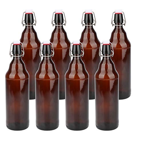 Glass Bottles, Refillable Brown Glass Storage Bottle with Swing Top Lids, Amber Iron Clasp Bottles with Stickers&Pen for Home Brewing, Drinks, Sauces, Industrial products, etc (1000ML, 8 PCS)