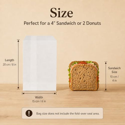 MAQIHAN 100 Wax Paper Sandwich Bags - 6"x8" Glassine Bags, Translucent Envelopes for Food Take Out, Snack, Bakery, Cookies, Treats, Sandwiches, Soaps, Gift Card Packaging - size: 6x8"