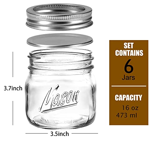 Ieavier 6PCS Wide Mouth Mason Jars 16oz with Airtight Lids and Bands, Canning Jars with Crystal Glass for Food Storage, Spice Jars, Canning, DIY Projects, Jam, Jelly, Honey, Preserving, Drinking - color: 16oz-6pack