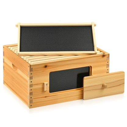 CREWORKS 10 Frame Bee Hive Box, Langstroth Beehive Deep Box with Frames & Foundations, Beeswax Coated Brood Bee Box for Bee Keeper, Beekeeping Supplies with Transparent Acrylic Window - style: 1 Layer