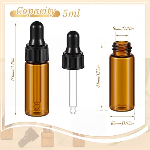 Didaey 200 Pcs 1/2/3/5/10/15 ml Mini Glass Oil Dropper Bottle Bulk, Clear Essential Small Empty Bottles Sample Containers Perfume Liquid Vials with Cap for Traveling (5 ml,Amber) - color: Amber, size: 5 ml