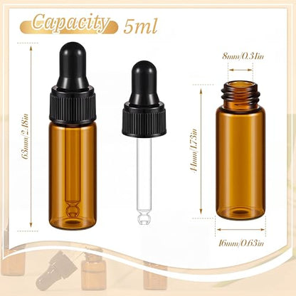 Didaey 200 Pcs 1/2/3/5/10/15 ml Mini Glass Oil Dropper Bottle Bulk, Clear Essential Small Empty Bottles Sample Containers Perfume Liquid Vials with Cap for Traveling (5 ml,Amber) - color: Amber, size: 5 ml