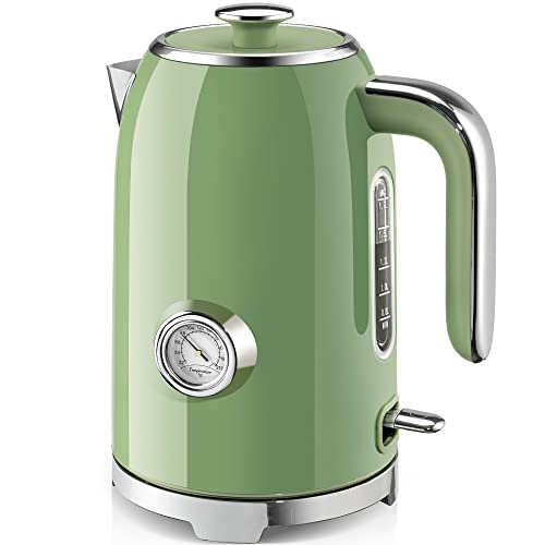 SUSTEAS Electric Kettle - 57oz Hot Tea Water Boiler with Thermometer, 1500W Fast Heating Stainless Steel Pot, Cordless LED Indicator, Auto Shut-Off & Boil Dry Protection, Retro Green - color: Retro Green