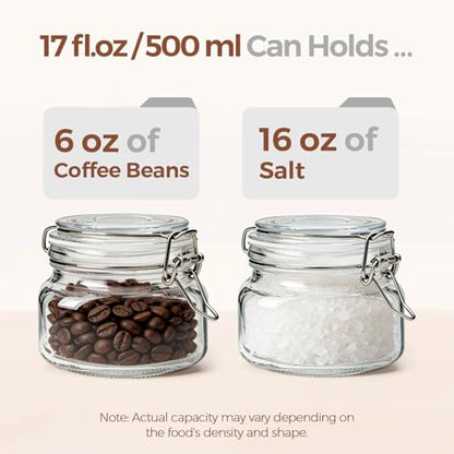 ComSaf Set of 6 Square Glass Jars with Airtight Wire Clamp Lids (17 Oz), Wide Mouth Pantry Canisters for Overnight Oats, Jam, Pickling, Spice Storage, Gifts - size: 17oz*6