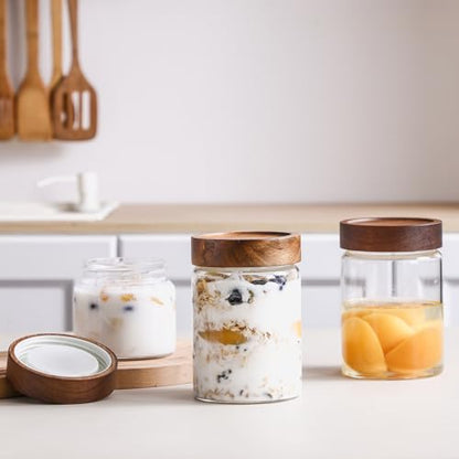 Glass Jars with Wood Lid 27 Oz 2 Pack, High Borosilicate Glass Containers Mason Screw Jars for Kitchen Storage