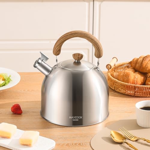 18/8 Stainless Steel Tea Kettle for Stovetop (4L / 4.23 Quart Whistling Tea Pot, Wood Handle)-Silver - size: 4.2 Quarts
