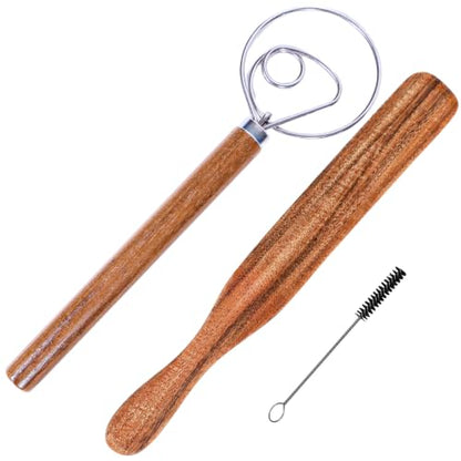 Dutch Dough Whisk & Teak Spurtle Set; Premium Stainless Steel Sourdough Whisk, Wooden Starter Jar Spatula; Sourdough Bread Baking Supplies for Home Bakers; BPA-Free, Bread Making Tools