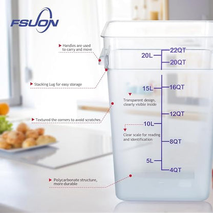 4 Pack 22 Qt Square Polycarbonate Food Storage Containers with Lids | Clear BPA-free PC with lids, side handles, measurement scale and stackable design; for food prep, storage and freezer use. - color: 22Qt