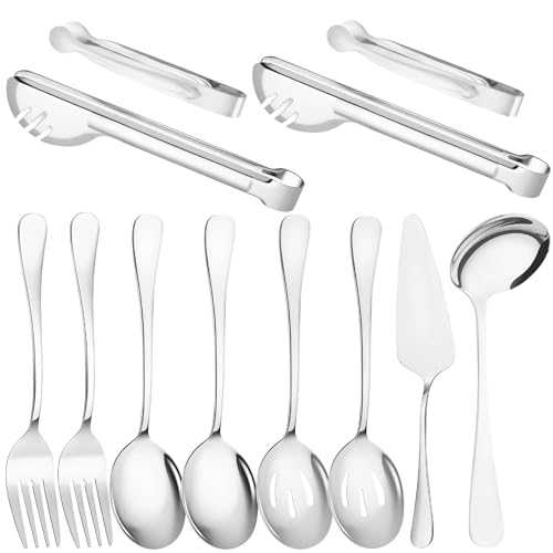 12 Pcs Silver Serving Utensils Set - Stainless Steel Large Serving Spoons, Slotted Spoons, Forks, Tongs, Soup Ladle & Pie Server - Metal Buffet Utensils for Parties, Catering, Wedding, Dishwasher Safe - color: Silver, size: 12 PCS