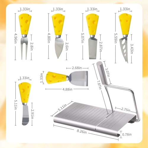 Heavy Duty Cheese Slicer for Block Cheese with 6Pcs Cheese Knife Set, Stainless Steel Cheese Cutter Board with Precise Measuring Grid and Non-Slip Feet, Dishwasher Safe