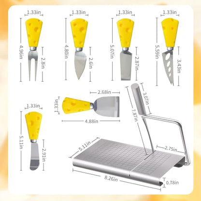 Heavy Duty Cheese Slicer for Block Cheese with 6Pcs Cheese Knife Set, Stainless Steel Cheese Cutter Board with Precise Measuring Grid and Non-Slip Feet, Dishwasher Safe