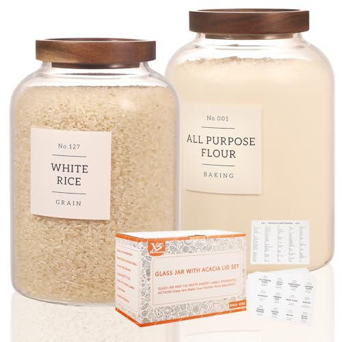 2 Pack Glass Food Storage Containers with Airtight Acacia Lids and 132 Kitchen Pantey Labels Preprint - 67 LF OZ Borosilicate Glass Canister Sets for Food,Coffee,Cookie,Tea,Candy,Sugar - size: 67oz-2 Pack