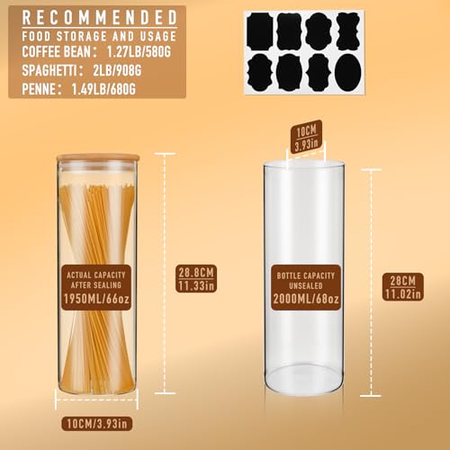 D2scrma 70oz Straight cylindrical Airtight Storage Jars with Bamboo Lid Set of 3 Storage Container Glass Jars, Kitchen Canister for Noodles, Pasta and Coffee beans (‎with Black Lable)