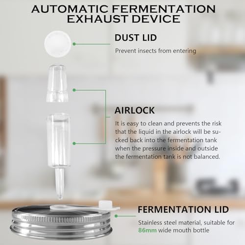 Artcome 28 Pcs Fermentation Kit-5 Stainless Steel Fermentation Lids, 5 Glass Weights, 5 Airlocks, 6 Silicone Rings, 6 Silicone Grommet, 1 Silicone Tong for Wide Mouth Mason Jar(Jars Not Included)