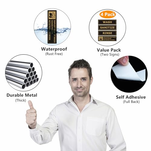 (4 PACK) Wash Rinse Sanitize Sink Labels Signs Stickers with Employees Must Wash Hands Sign, Self-adhesive Waterproof Aluminum Metal Sign for Restaurant Kitchen Sinks (Black/Gold, 7" x 2") - color: Black/Gold, size: 7" x 2"