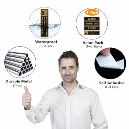 (4 PACK) Wash Rinse Sanitize Sink Labels Signs Stickers with Employees Must Wash Hands Sign, Self-adhesive Waterproof Aluminum Metal Sign for Restaurant Kitchen Sinks (Black/Gold, 7" x 2") - color: Black/Gold, size: 7" x 2"