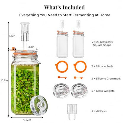 Fermentation Jars, 2L Fermenting Kit With Glass Weights, 2-Pack | Wide-Mouth 2L Glass Jar With Self-Venting Airlock, Ideal For Sauerkraut, Kimchi, Pickles And Other Homemade Ferments - size: 2 Liter