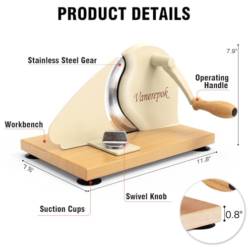 vanerepok Manual Bread Slicer Adjustable Thickness for Homemade Sourdough | Hand Crank Bread Cutter with Scale & Stable Suction Cups & Wood Base for Even Slicing Perfect Baking Gift for Home Bakers - color: White