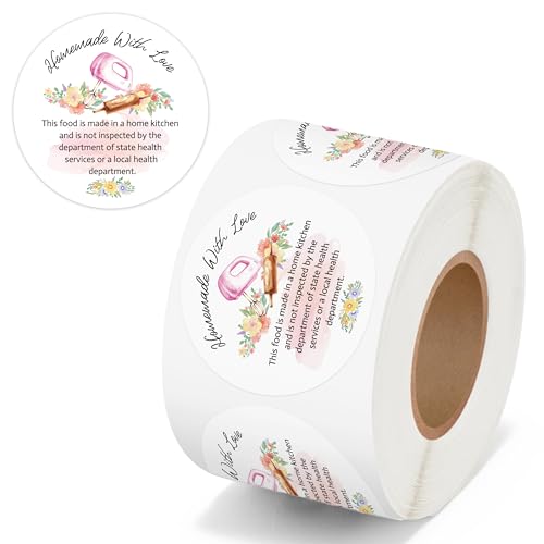 PANTIDE Watercolor Flower Cottage Food Law Labels Sticker - 500Count Homemade with Love Adhesive Round Decal Roll, Made in A Home Kitchen Inspection Statement Thermal Printed for Packaging(2 x 2 Inch) - color: Food Law Watercolor Flower
