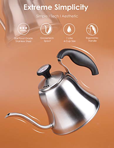 Tea Kettle with Thermometer, Gooseneck Pour Over, 28oz, Brushed | Food Grade Stainless Steel, Precise Gooseneck Spout, for Camping, Home & Kitchen, Induction & Gas Applicable - style: Brushed Silver（with Thermometer）