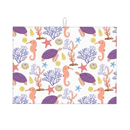 Purple Beach Sea Turtle Dish Drying Mat For Kitchen Counter, Super Absorbent Microfiber Dish Drying Pad, Kitchen Gadgets For Easy Clean Multi-Use Large 18"x24" - color: Purple Beach Sea Turtle