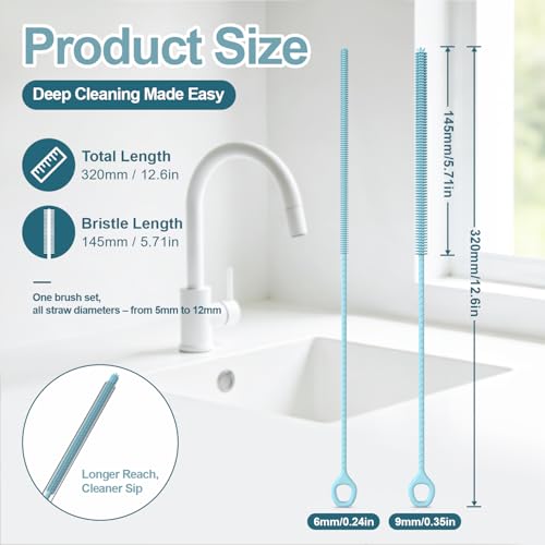 YOTIME Straw Cleaner Brush Extra Long 12.6 inch, 2Pcs Reusable Silicone Straw Brush for Sippy Cup, Water Bottle and Tubes, 6mm+9mm, Blue - color: Blue