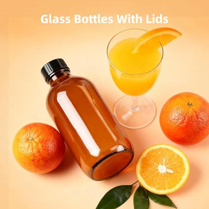 4oz (24 Pack) Amber Boston Round Glass Bottles with Black Caps-Includes Funnel & Stickers,Brown Airtight Refillable Containers for Essential Oils,Tinctures,Vanilla Extract, Home Brewing,DIY Storage