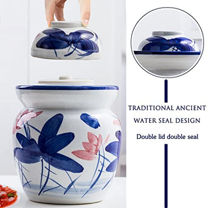 Fermentation Crock Jar Classical Painted Ink Style Lotus Pickle Jar, Chinese Traditional Water Seal Kimchi Jar With Cover, Pickled Cabbage, Radish, Kombuch (Color : Blue+white, Size : 1.75kg) - size: 1.75kg