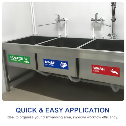 Magicfour Wash Rinse Sanitize Sink Labels, 5 Pack 3 Compartment Sink Signs, Waterproof Sticker for Wash Station, Commercial Kitchens, Restaurant, Food Trucks, Dishwashing - size: 5Pcs Sink Labels 9”x3“