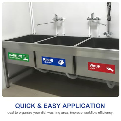 Magicfour Wash Rinse Sanitize Sink Labels, 5 Pack 3 Compartment Sink Signs, Waterproof Sticker for Wash Station, Commercial Kitchens, Restaurant, Food Trucks, Dishwashing - size: 5Pcs Sink Labels 9”x3“