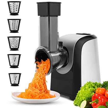 Electric Cheese Grater 5-in-1, 150W Salad Shooter & Food Slicer | Vegetable Shredder & Food Processor with 5 Stainless Steel Cones for Block Cheese, Carrots, Cabbage & Nuts, BPA-Free
