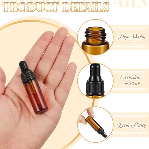 Didaey 200 Pcs 1/2/3/5/10/15 ml Mini Glass Oil Dropper Bottle Bulk, Clear Essential Small Empty Bottles Sample Containers Perfume Liquid Vials with Cap for Traveling (5 ml,Amber) - color: Amber, size: 5 ml