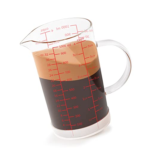 Newness Glass Measuring Cup with Handle, 1000 ML (1 Liter, 4 Cup) Double-Sided Scale Measuring Cup with Three Scales (OZ, Cup, ML/CC) and V-Shaped Spout, Measuring Beaker for Kitchen or Restaurant - color: Red Measuring Scale, size: 1000 ML (4 Cup)
