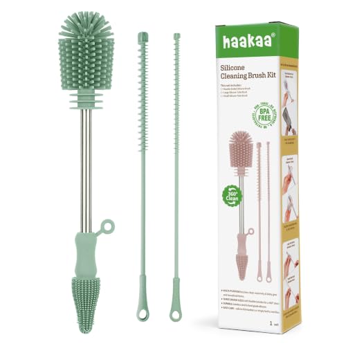 haakaa Silicone Cleaning Brush Kit - Baby Bottle Brush Cleaner for Breast Pump,Nipple,Breast Milk Storage Bag,Reusable Straw,Sippy Cup - Food Grade Silicone Bristles, Portable - 3 Pcs - Pea Green - color: Pea Green, size: 3 Piece Set