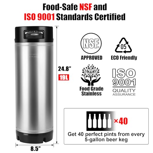 Ferroday Upgraded 5 Gallon Ball Lock Keg, Stainless Steel Corny Keg with Ball Lock Post, Portable Cornelius Beer Keg with Dual Rubber Handle, Gasket Set for Commercial Home Brewing - size: 5 Gallon*1 Pack