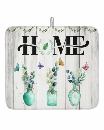 Dish Drying Mat for Kitchen Counter Teal Green Vase Drying Pad Absorbent Drying Mats for Countertops Sinks Draining Racks Eucalyptus in Mason Jars Home Drainer Kitchen Decor 16x18 Inch - color: Green