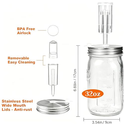 Mason Jar Fermentation Kit, 2 Pack 32oz Wide Mouth Glass Jars with Airlocks & Glass Weights – For Kimchi, Sauerkraut, Pickles, Fermenting & Canning (2)