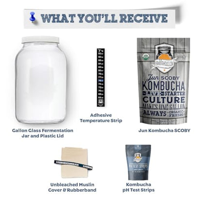 Fermentaholics Jun Kombucha Essentials Kit - ORGANIC JUN SCOBY (starter culture) + 1-Gallon Glass Fermenting Jar, Breathable Cover, Rubber Band, & Adhesive Thermometer - Brew jun kombucha at Home