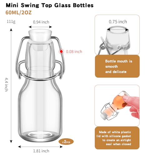 2Pcs Swing Top Small Glass Bottles 2 oz With Flip Airtight Lids for Home Brewing, Beverages, Oil, Vinegar, Water, Soda,Limoncello, Homemade liquor, vanilla (White cap) - color: White cap