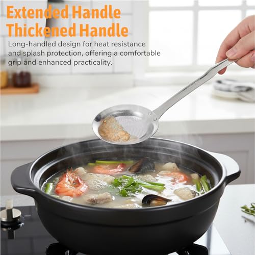 Fine Mesh Stainless Steel Colander Flat Hot Pot Fat Skimmer Fine Mesh Strainer Slotted Spoons with Handle Sieve Fines Meshes Colander Spoon Strainer for Kitchen Baking Oil Filter Kitchen Gadgets