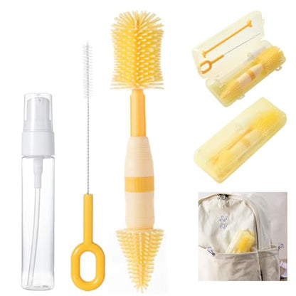 Travel Bottle Brush, 6-in-1 Portable Travel Bottle Cleaner Kit with Small Bottle Brush Built in Drying Rack, Nipple Brush, Straw Brush, Soap Dispenser, for Baby Bottles Under 8 OZ, BPA-Free(Yellow) - color: Yellow