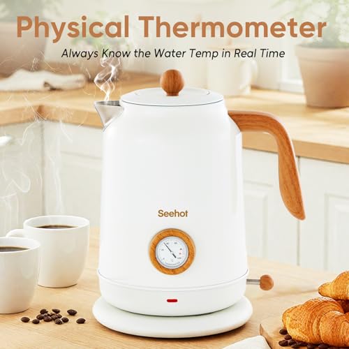 Seehot® Electric Kettle With Thermometer, 1.7L Electric Tea Kettle, 1200W Hot Water Kettle Electric, Auto Shutoff, Boil-Dry Protection, 304 Stainless Steel, Cordless Base, White - color: White