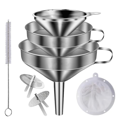 Stainless Steel Funnels for Kitchen use,3PCS Kitchen Metal Funnel with 2 Removable Strainer,Cleaning Brush,200 Mesh Food Filter,Funnel for Filling Bottles,for Transferring of Liquid,Oils,Jam - size: large Funnel set of 3