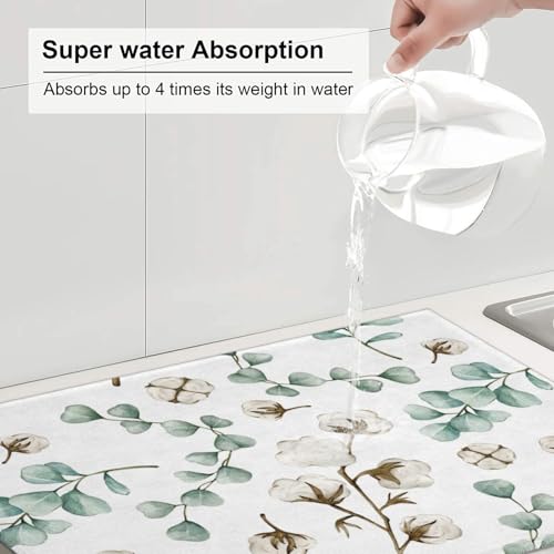Green Plants Dish Drying Mat for Kitchen Counter Spring Summer Leaves Cotton Plant Microfiber Absorbent Dish Draining Reusable Washable Foldable Extra Large 18"x24" - color: Eucalyptus Leaves Cotton Plant