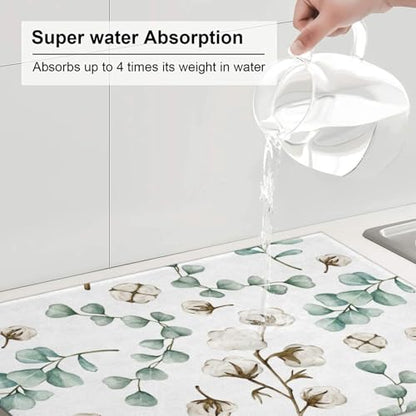Green Plants Dish Drying Mat for Kitchen Counter Spring Summer Leaves Cotton Plant Microfiber Absorbent Dish Draining Reusable Washable Foldable Extra Large 18"x24" - color: Eucalyptus Leaves Cotton Plant