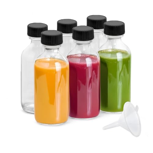 6Pack 2oz Glass Shot Bottles with Caps and Funnels, Boston Round Glass Bottles, Leakage-Proof Ginger Shots Bottles, Wellness Shot Glass Bottles, Suitable for DIY Essential Oils, Juice, Whiskey - color: clear, size: 6